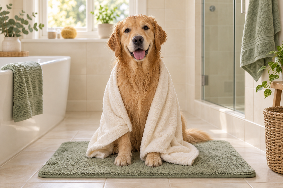 Chó Golden ngồi trên thảm chống trượt, khoác khăn sạch sau khi tắm tại nhà