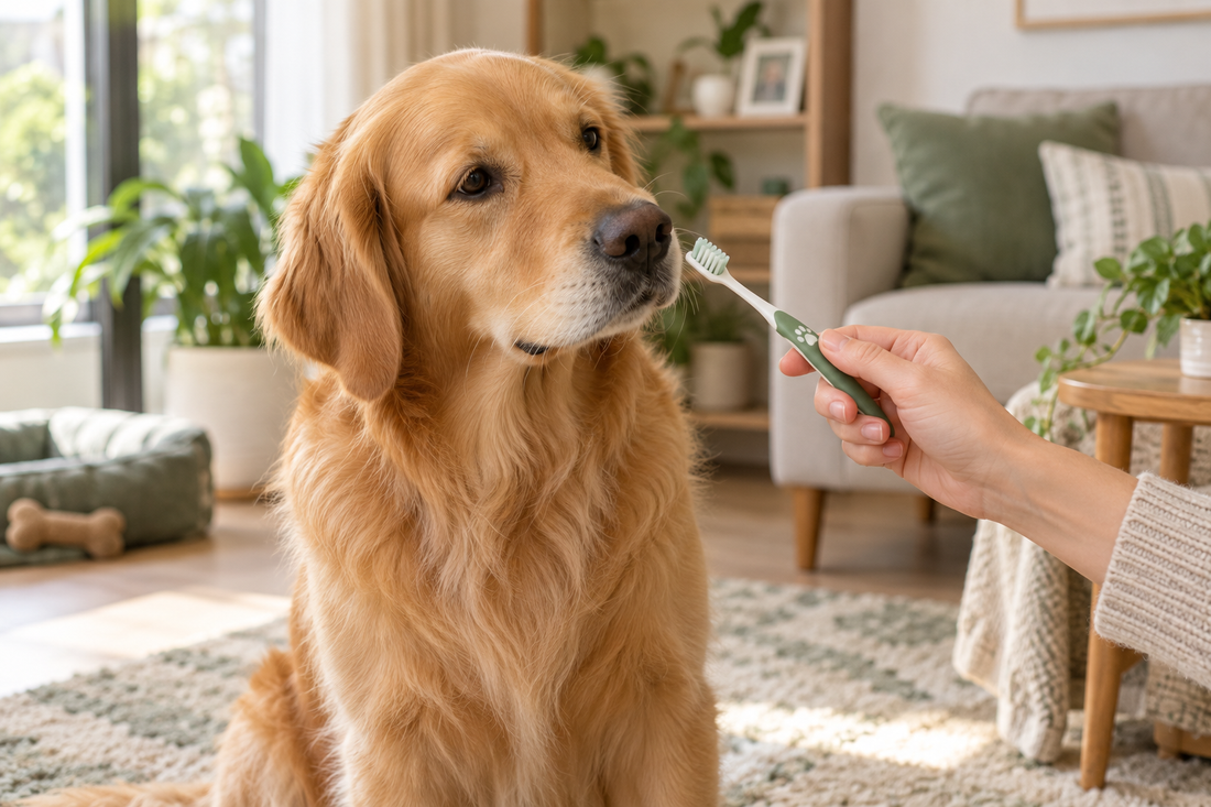 Chó Golden làm quen với bàn chải mềm trước khi tập đánh răng tại nhà