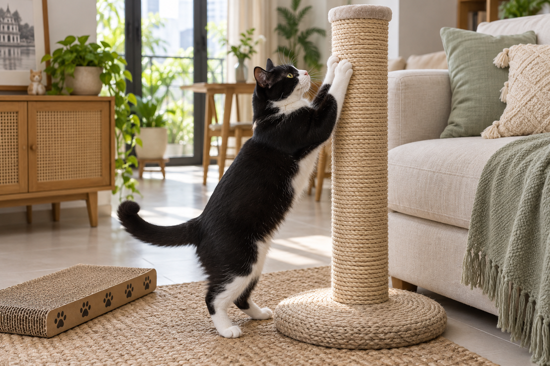 Mèo đen trắng duỗi người cào trụ sisal chắc chắn đặt cạnh sofa, bên dưới có bàn cào ngang