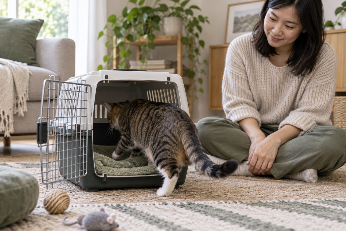 Mèo mướp tự bước vào lồng vận chuyển mở cửa, người chăm sóc ngồi yên bên cạnh