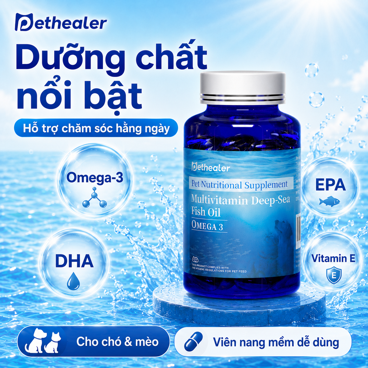 Pethealer Dầu Cá Omega-3 Cho Chó Mèo – Hỗ Trợ Da Khỏe, Lông Mượt, 100 Viên Nang