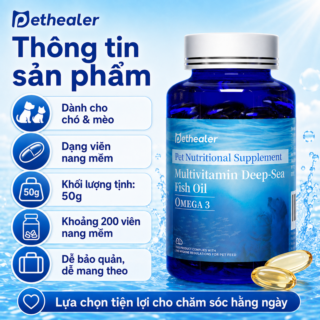 Pethealer Dầu Cá Omega-3 Cho Chó Mèo – Hỗ Trợ Da Khỏe, Lông Mượt, 100 Viên Nang