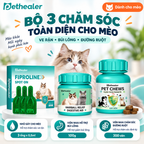 Banner bộ 3 chăm sóc toàn diện cho mèo Pethealer: Fiproline Spot On trị ve rận, viên nhai hỗ trợ đào thải búi lông, viên nhai chăm sóc đường ruột ký sinh trùng, hình mèo Ragdoll, 3 sản phẩm đóng gói xanh lá
