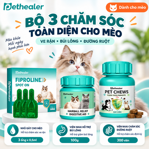 Banner bộ 3 chăm sóc toàn diện cho mèo Pethealer: Fiproline Spot On trị ve rận, viên nhai hỗ trợ đào thải búi lông, viên nhai chăm sóc đường ruột ký sinh trùng, hình mèo Ragdoll, 3 sản phẩm đóng gói xanh lá
