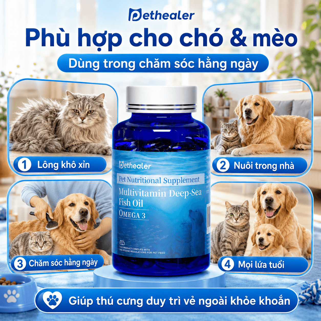 Pethealer Dầu Cá Omega-3 Cho Chó Mèo – Hỗ Trợ Da Khỏe, Lông Mượt, 100 Viên Nang