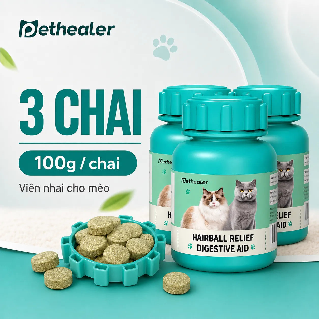 Pethealer Viên thưởng giảm búi lông hỗ trợ tiêu hóa công thức nuôi dưỡng đường ruột 100g