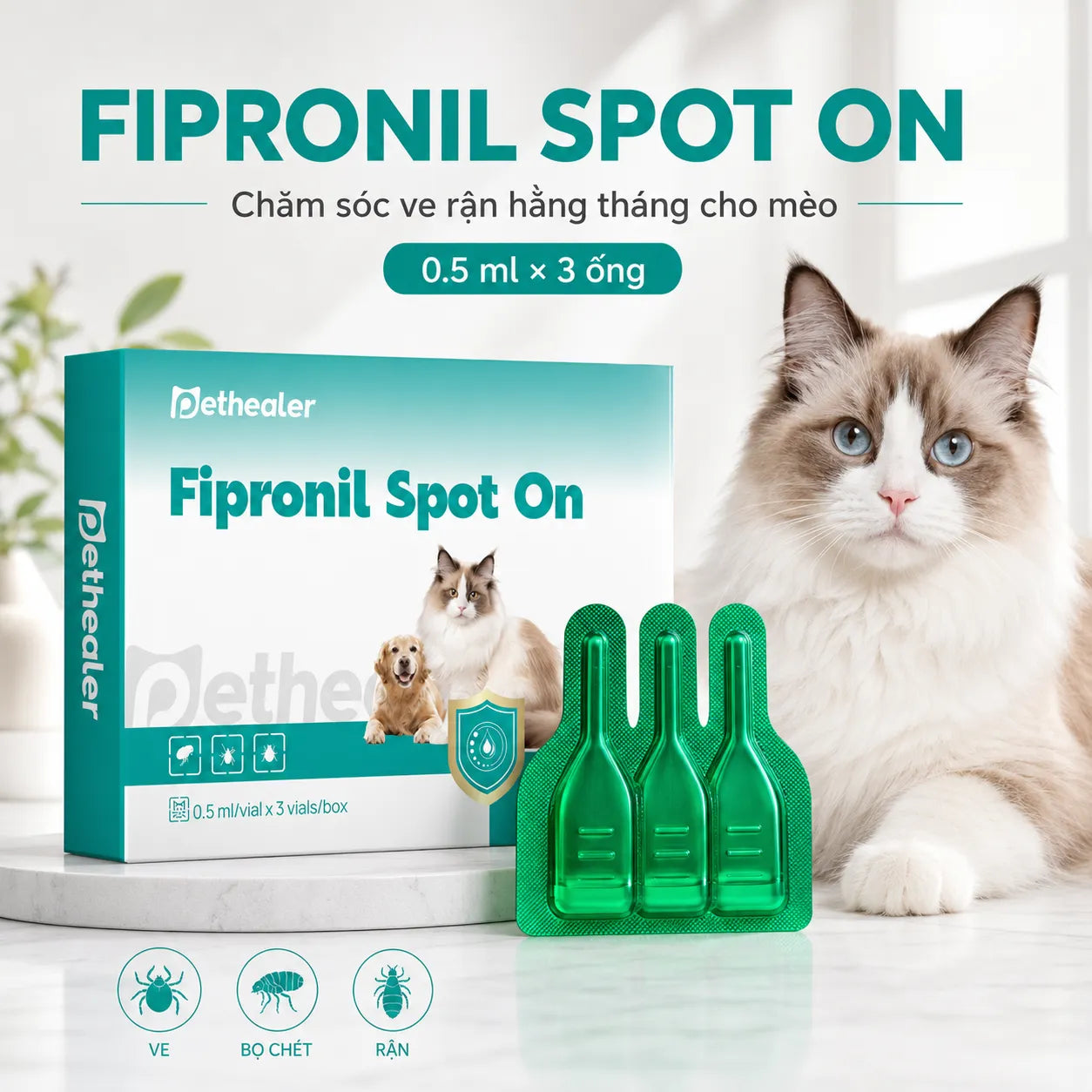 Pethealer Fipronil Spot-On Nhỏ Gáy Cho Mèo 0.5ml × 3 Ống – Hỗ Trợ Chăm Sóc Ve Bọ Chét, Dùng Ngoài Da