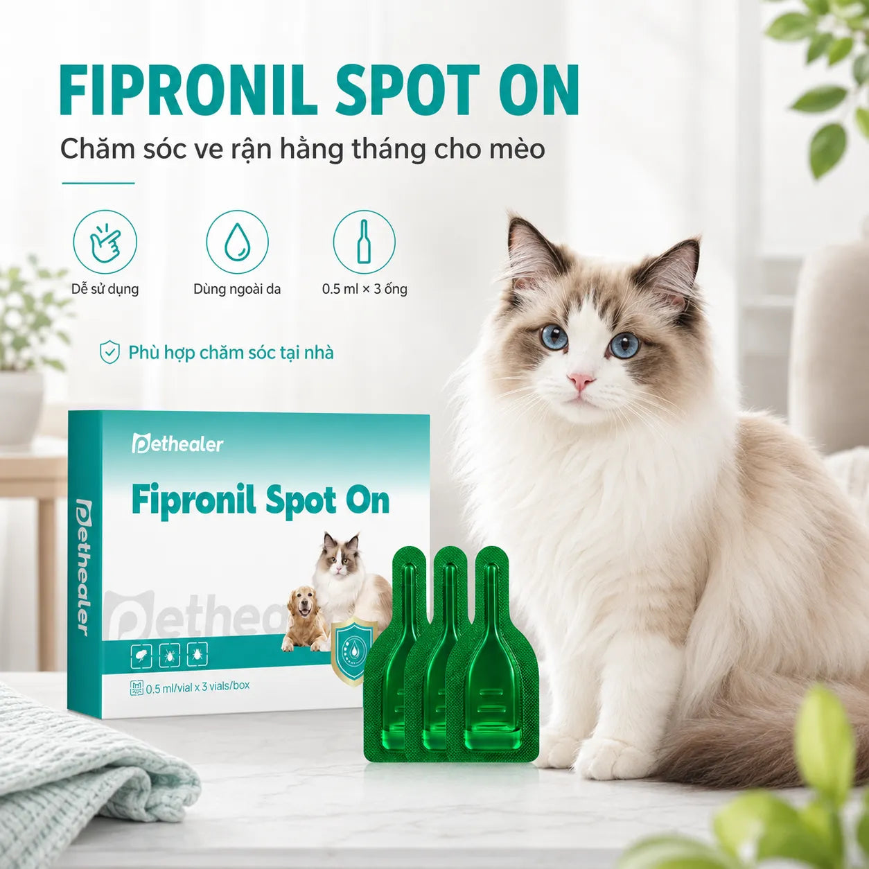 Pethealer Fipronil Spot-On Nhỏ Gáy Cho Mèo 0.5ml × 3 Ống – Hỗ Trợ Chăm Sóc Ve Bọ Chét, Dùng Ngoài Da