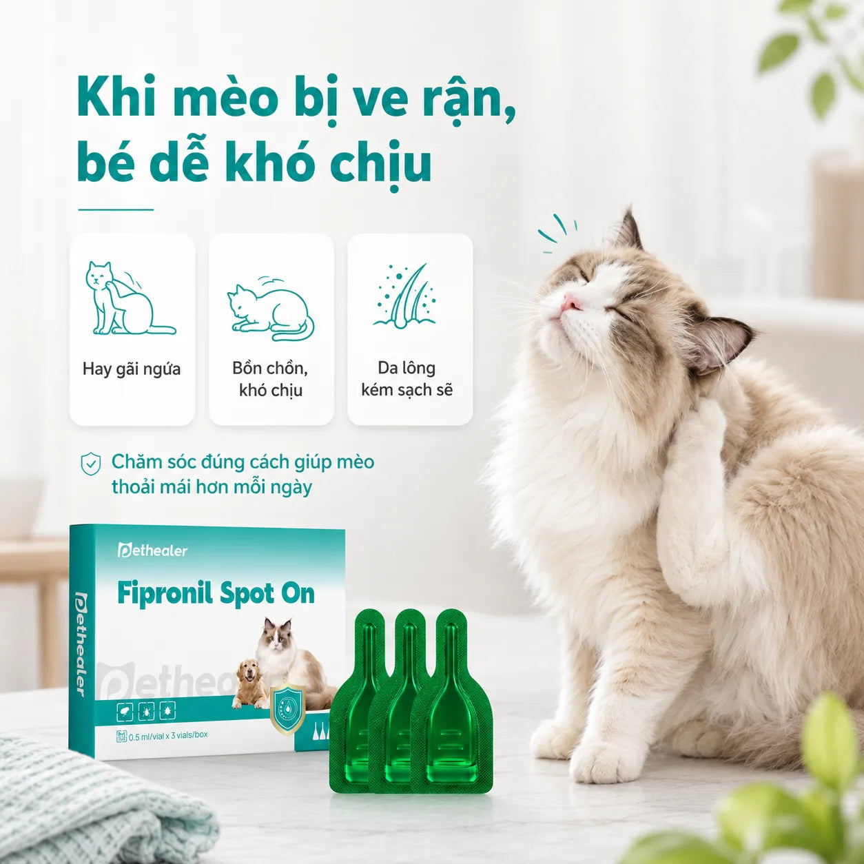 Pethealer Fipronil Spot-On Nhỏ Gáy Cho Mèo 0.5ml × 3 Ống – Hỗ Trợ Chăm Sóc Ve Bọ Chét, Dùng Ngoài Da