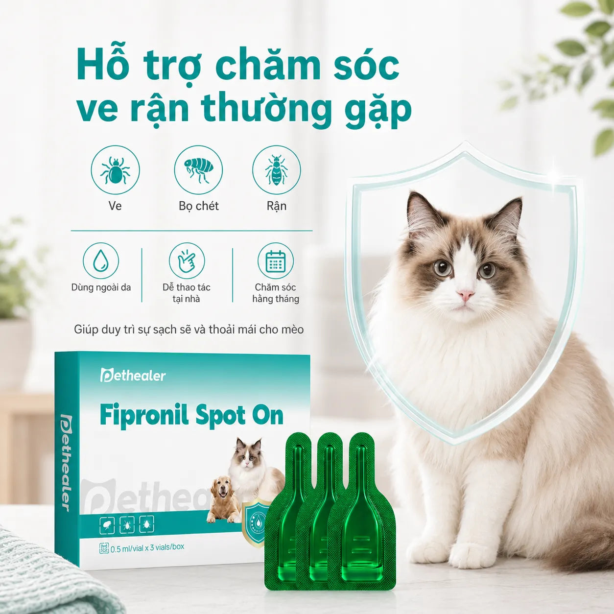 Pethealer Fipronil Spot-On Nhỏ Gáy Cho Mèo 0.5ml × 3 Ống – Hỗ Trợ Chăm Sóc Ve Bọ Chét, Dùng Ngoài Da
