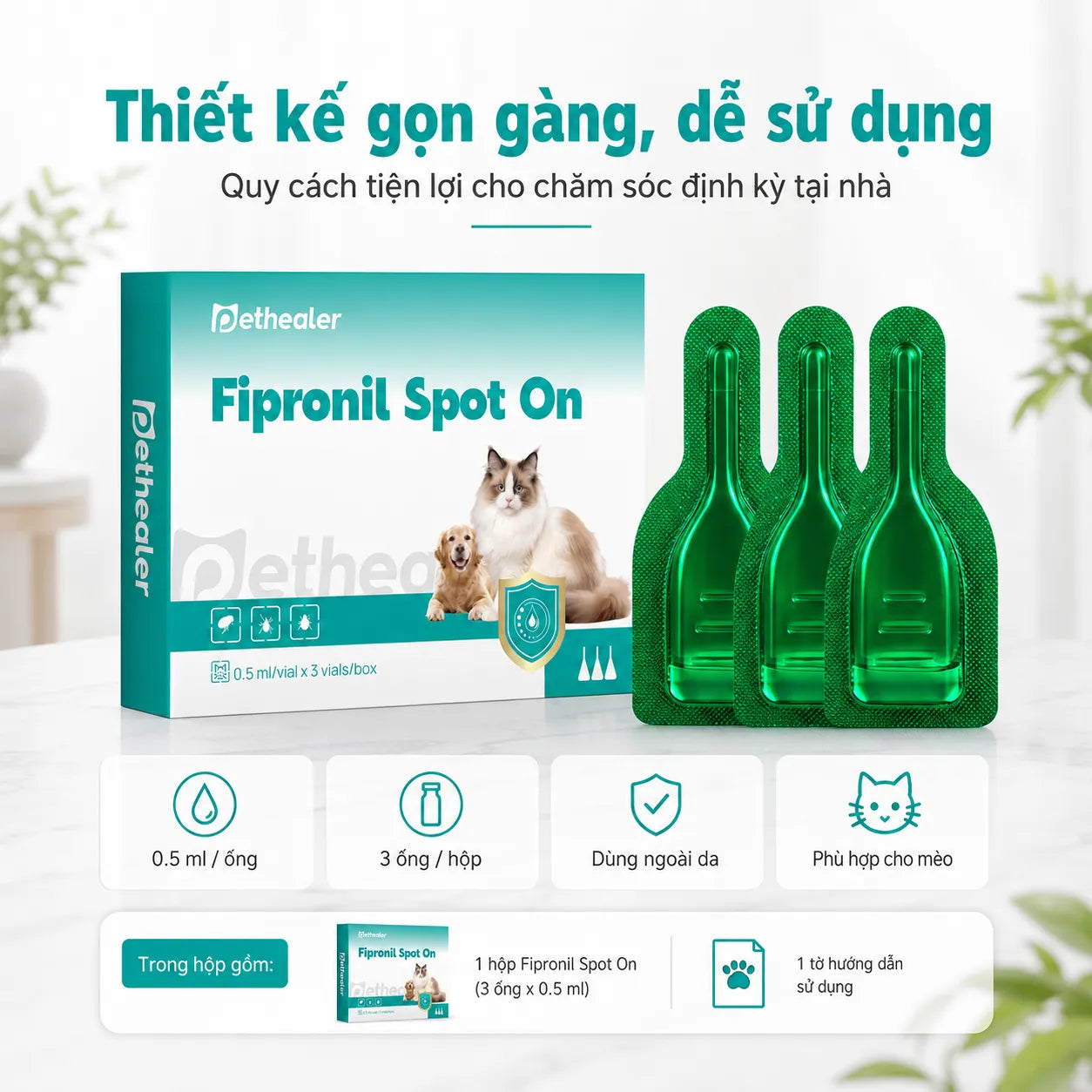 Pethealer Fipronil Spot-On Nhỏ Gáy Cho Mèo 0.5ml × 3 Ống – Hỗ Trợ Chăm Sóc Ve Bọ Chét, Dùng Ngoài Da