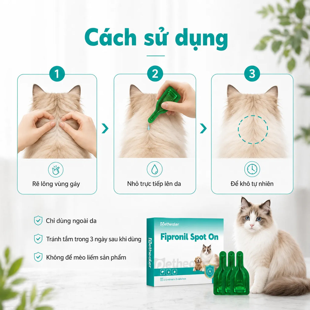 Pethealer Fipronil Spot-On Nhỏ Gáy Cho Mèo 0.5ml × 3 Ống – Hỗ Trợ Chăm Sóc Ve Bọ Chét, Dùng Ngoài Da