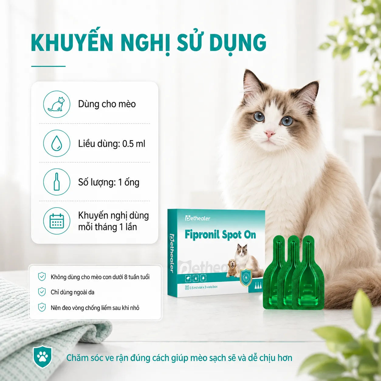Pethealer Fipronil Spot-On Nhỏ Gáy Cho Mèo 0.5ml × 3 Ống – Hỗ Trợ Chăm Sóc Ve Bọ Chét, Dùng Ngoài Da