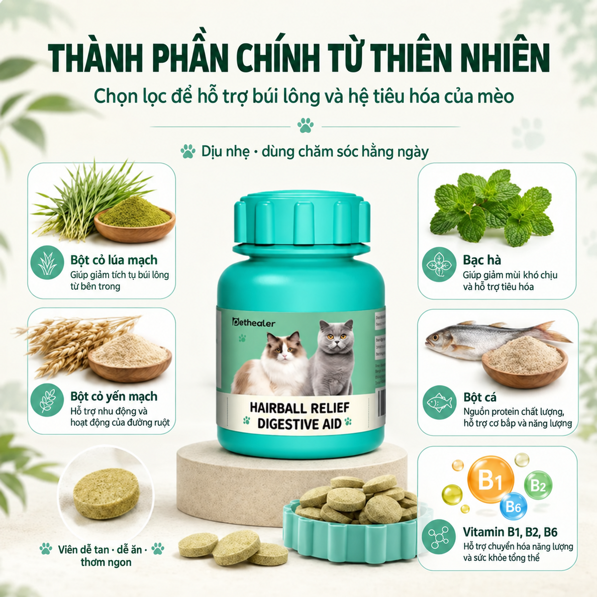 Viên giảm bóng lông cho mèo Pethealer với thành phần tự nhiên: cỏ lúa mạch, bạc hà, bột cá, vitamin hỗ trợ tiêu hóa và đẩy lông cho mèo