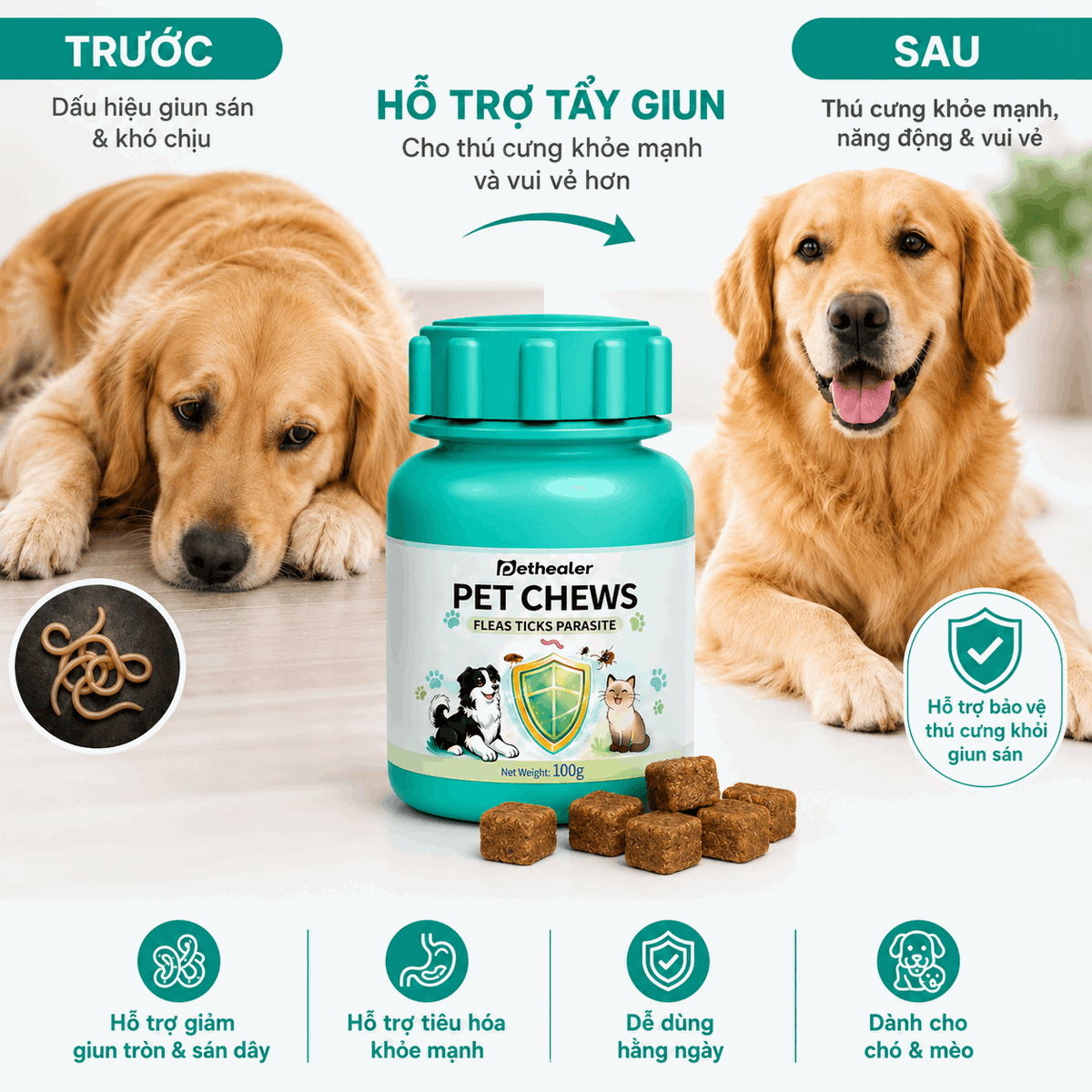Pethealer Snack Tẩy Giun Cho Chó Mèo – Viên Nhai Thịt Gà Hỗ Trợ Diệt Ký Sinh Trùng, Bọ Chét Ve, 300 viên