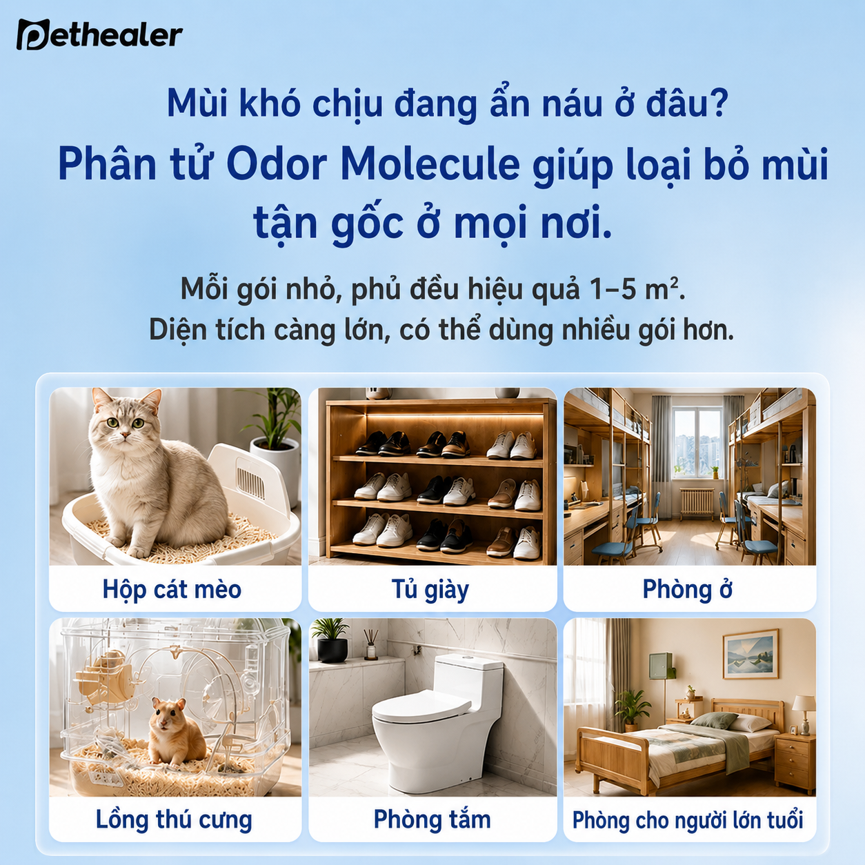 Pethealer Bột Khử Mùi Cát Mèo 120g (6g×20 Gói) – Hỗ Trợ Giảm Mùi Khó Chịu, Không Hương Liệu, Dùng Cho Khay Cát Mèo