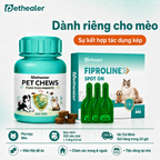 Bộ sản phẩm tẩy giun cho mèo Pethealer, viên nhai và nhỏ gáy Fiproline chống bọ chét ve chó mèo