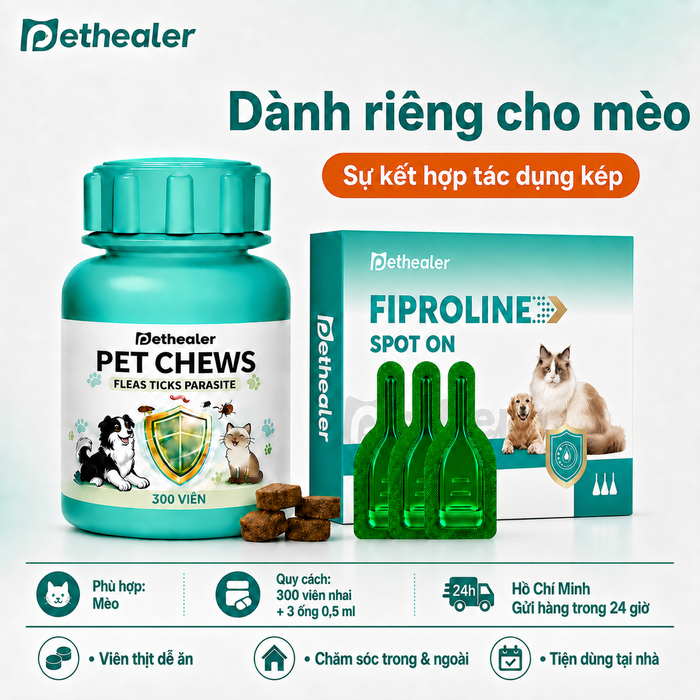 Bộ sản phẩm tẩy giun cho mèo Pethealer, viên nhai và nhỏ gáy Fiproline chống bọ chét ve chó mèo