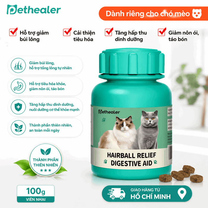 Hình ảnh chính sản phẩm viên nhai hỗ trợ đào thải lông và tiêu hóa Pethealer cho chó mèo, giảm búi lông, nôn ói và táo bón thú cưng