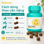 Bảng liều dùng theo cân nặng viên nhai Happy Snacks Pethealer cho chó mèo, ngày 2 lần, khuyến nghị dùng trước 2‑3 ngày khi đi xe, tắm, chuyển nhà, gửi chăm sóc