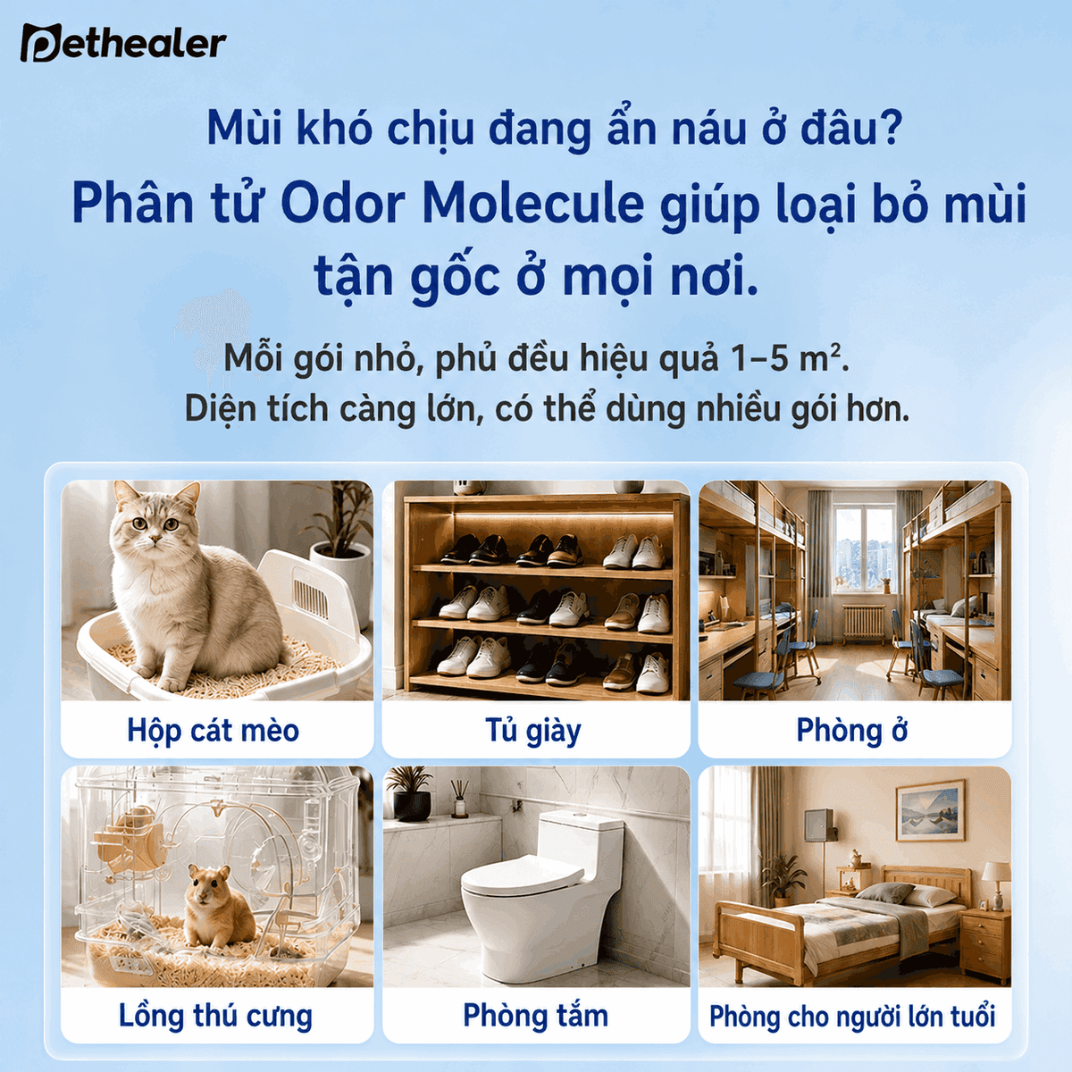 Bảng hình minh họa các vị trí có thể sử dụng sản phẩm khử mùi Pethealer, khử mùi gốc cho hộp cát mèo, tủ giày, phòng ở và nhà tắm