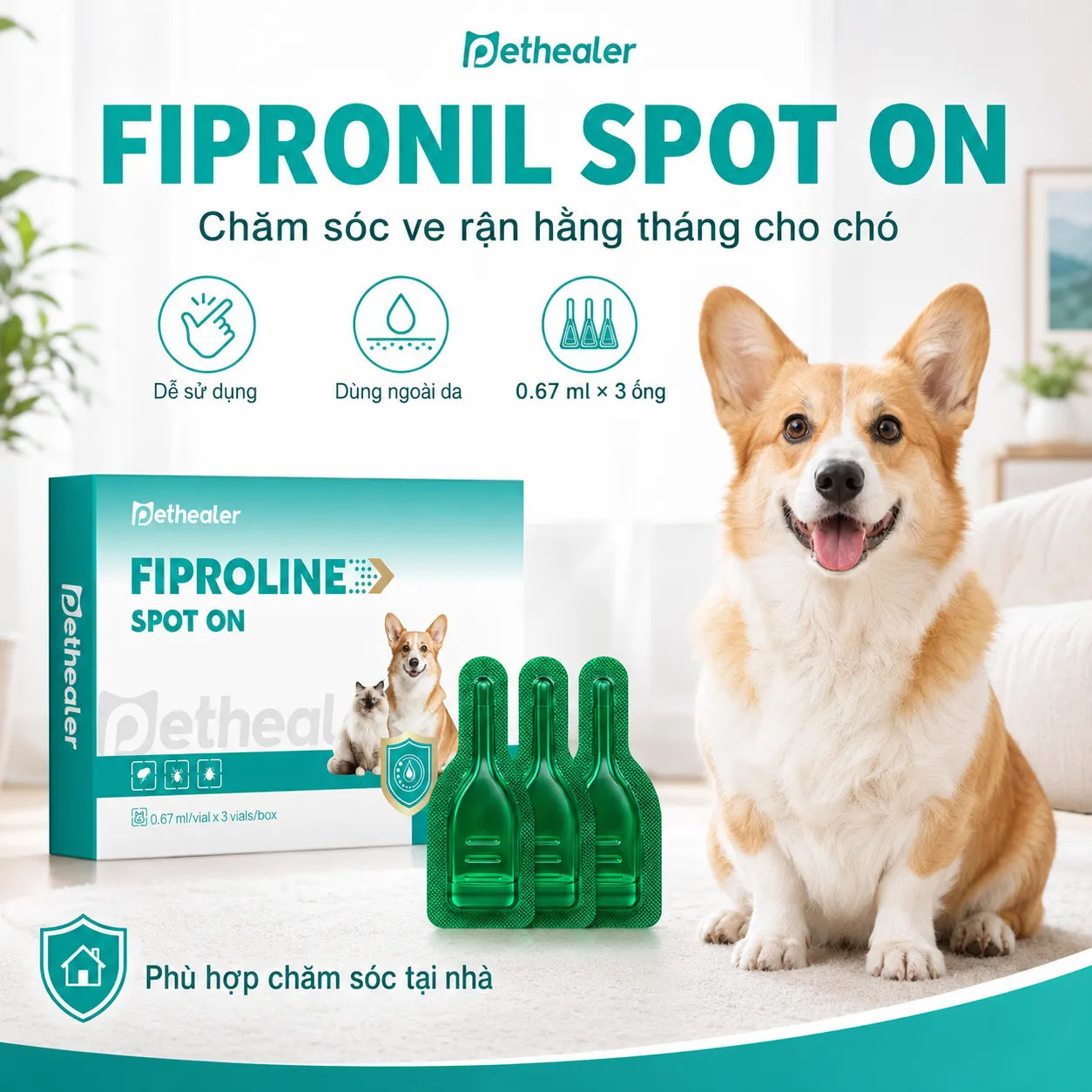 Pethealer Dung Dịch Nhỏ Gáy Fipronil Cho Chó 0.67ml × 3 Ống – Hỗ Trợ Chăm Sóc Ve Bọ Chét, Dùng Ngoài Da
