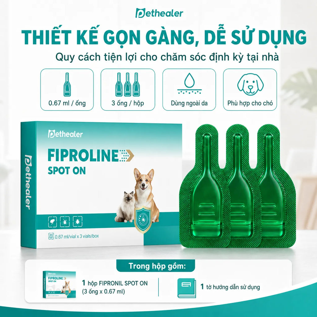 Pethealer Dung Dịch Nhỏ Gáy Fipronil Cho Chó 0.67ml × 3 Ống – Hỗ Trợ Chăm Sóc Ve Bọ Chét, Dùng Ngoài Da