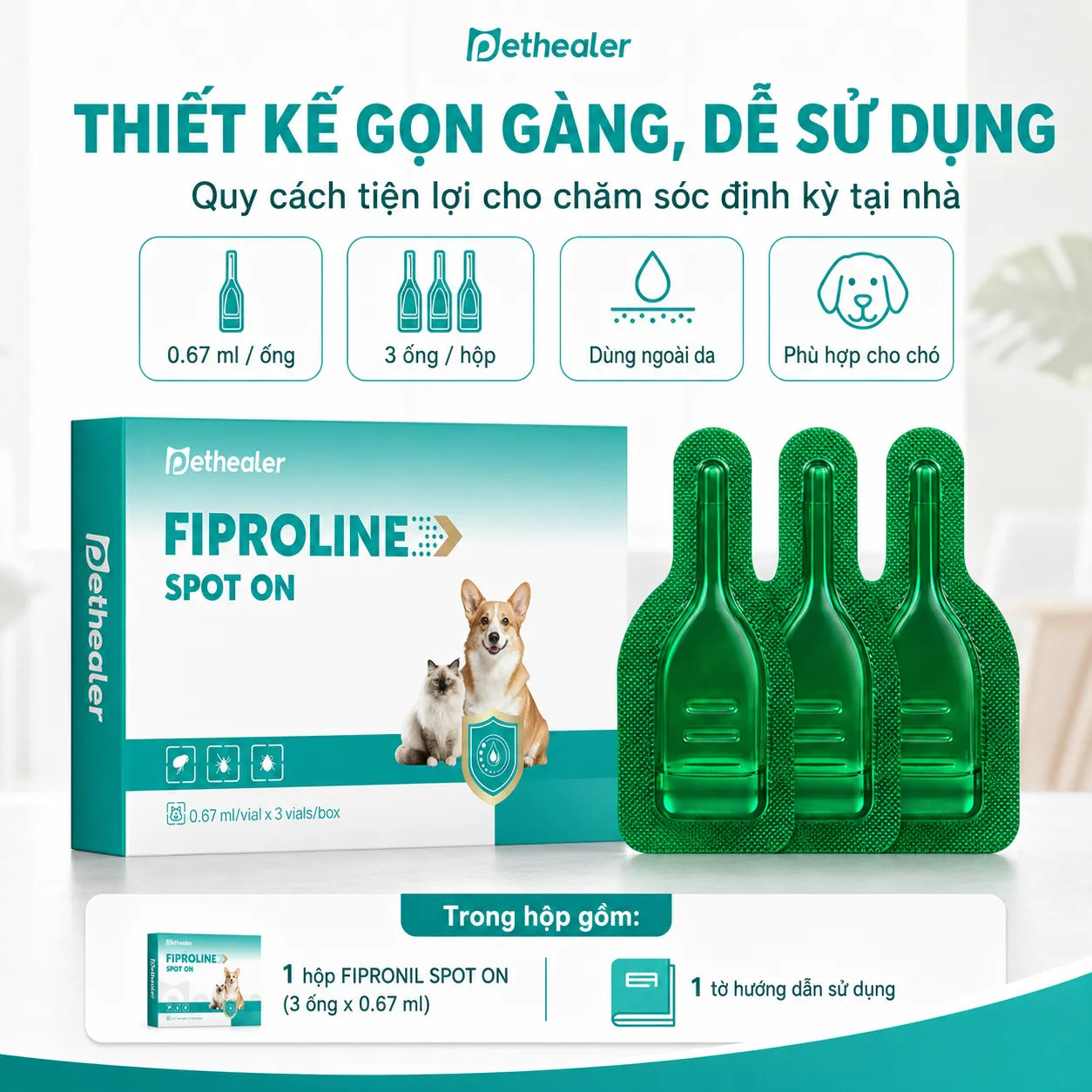 Pethealer Dung Dịch Nhỏ Gáy Fipronil Cho Chó 0.67ml × 3 Ống – Hỗ Trợ Chăm Sóc Ve Bọ Chét, Dùng Ngoài Da