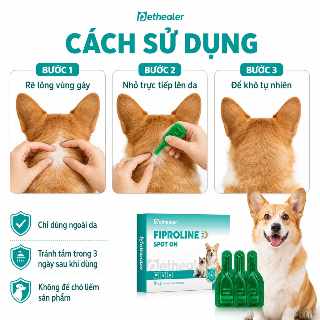 Pethealer Dung Dịch Nhỏ Gáy Fipronil Cho Chó 0.67ml × 3 Ống – Hỗ Trợ Chăm Sóc Ve Bọ Chét, Dùng Ngoài Da