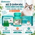 Banner bộ 3 chăm sóc toàn diện cho mèo Pethealer gồm Fiproline Spot‑On trị ve rận, viên nhai hỗ trợ búi lông, men vi sinh hỗ trợ tiêu hóa, hình mèo Ragdoll, ba sản phẩm đóng gói màu xanh
