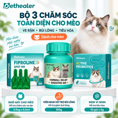 Banner bộ 3 chăm sóc toàn diện cho mèo Pethealer gồm Fiproline Spot‑On trị ve rận, viên nhai hỗ trợ búi lông, men vi sinh hỗ trợ tiêu hóa, hình mèo Ragdoll, ba sản phẩm đóng gói màu xanh