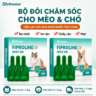 Banner bộ đôi Fiproline Spot‑On cho mèo và chó Pethealer, dung dịch nhỏ gày trị bọ chét ve rận chấy rận, phù hợp nhà nuôi nhiều thú cưng, hình ảnh hộp sản phẩm và ống nhỏ gày