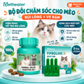 Banner bộ đôi chăm sóc cho mèo Pethealer gồm viên nhai hỗ trợ búi lông và dung dịch nhỏ gày Fiproline Spot‑On trị ve rận, hình mèo Ragdoll, combo đào thải lông và ve rận cho mèo