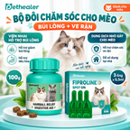 Banner bộ đôi chăm sóc cho mèo Pethealer gồm viên nhai hỗ trợ búi lông và dung dịch nhỏ gày Fiproline Spot‑On trị ve rận, hình mèo Ragdoll, combo đào thải lông và ve rận cho mèo