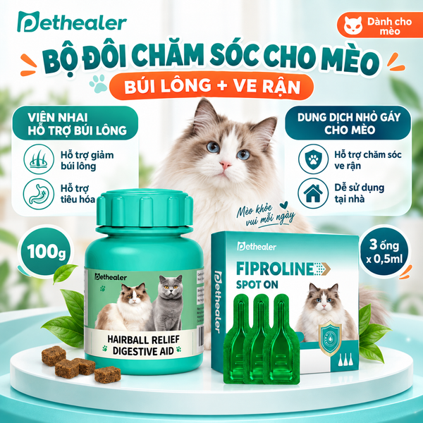Banner bộ đôi chăm sóc cho mèo Pethealer gồm viên nhai hỗ trợ búi lông và dung dịch nhỏ gày Fiproline Spot‑On trị ve rận, hình mèo Ragdoll, combo đào thải lông và ve rận cho mèo