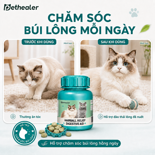 Viên hỗ trợ đào thải búi lông Pethealer Hairball Relief cho mèo, so sánh trước và sau khi dùng: tình trạng ăn tóc và hỗ trợ đào thải lông nuốt vào, chăm sóc búi lông hàng ngày cho mèo, hình ảnh chai sản phẩm và viên né