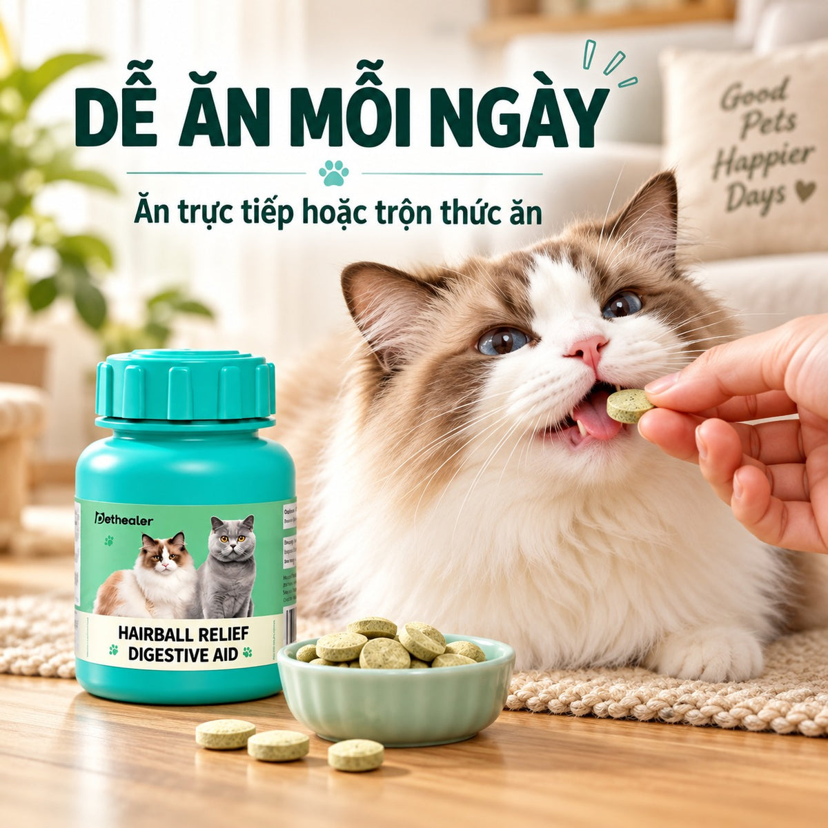 Viên hỗ trợ đào thải lông cho mèo Pethealer, vị ngon dễ ăn, cho ăn trực tiếp hoặc trộn với thức ăn, hình ảnh mèo ăn viên