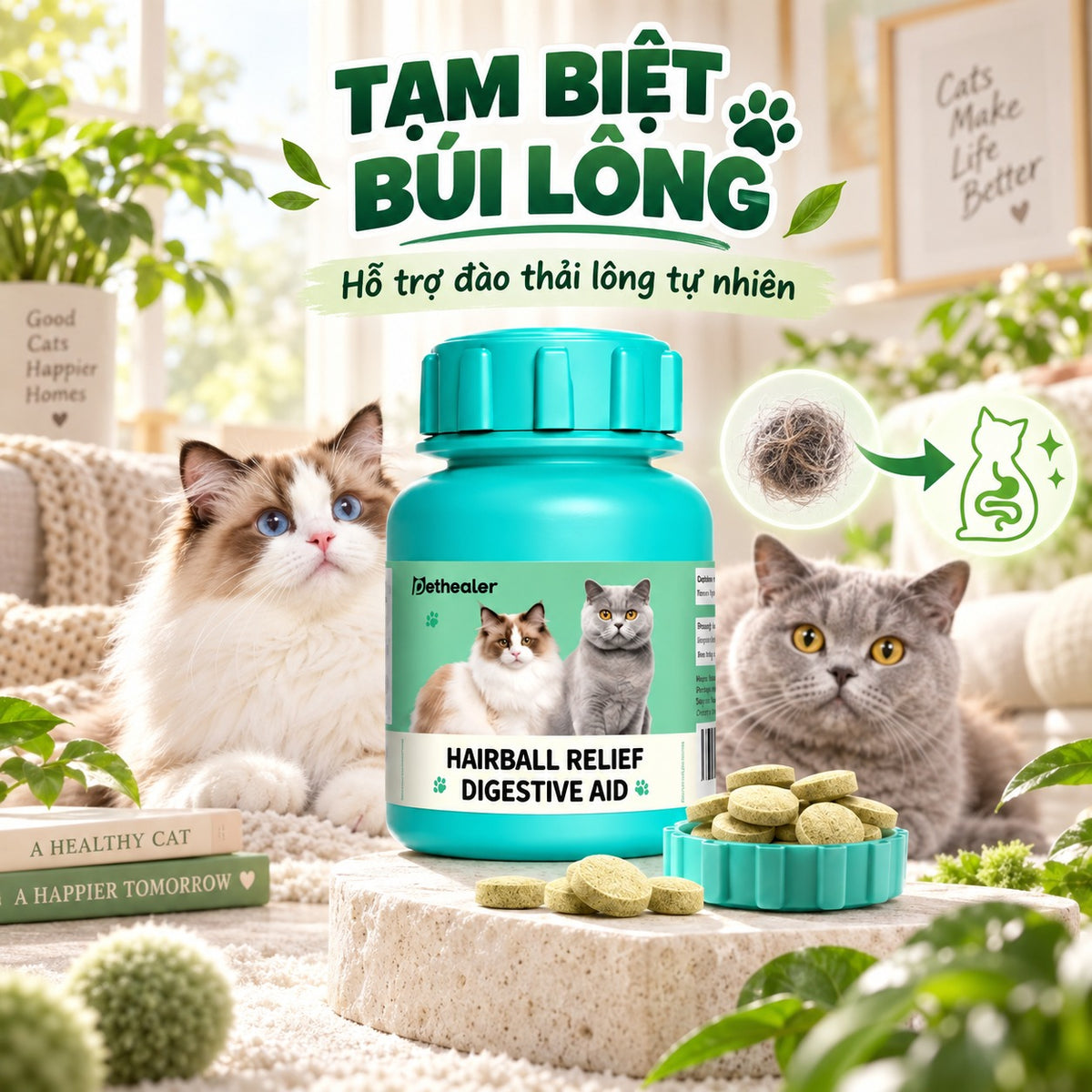 Viên đào thải lông cho mèo Pethealer, tạm biệt búi lông, hỗ trợ đào thải lông tự nhiên khỏi đường tiêu hóa của mèo
