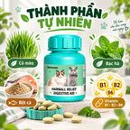 Viên đào thải lông cho mèo Pethealer với thành phần tự nhiên: cỏ mèo, bạc hà, bột cá, vitamin B1 B2 B6, bảng thành phần sản phẩm