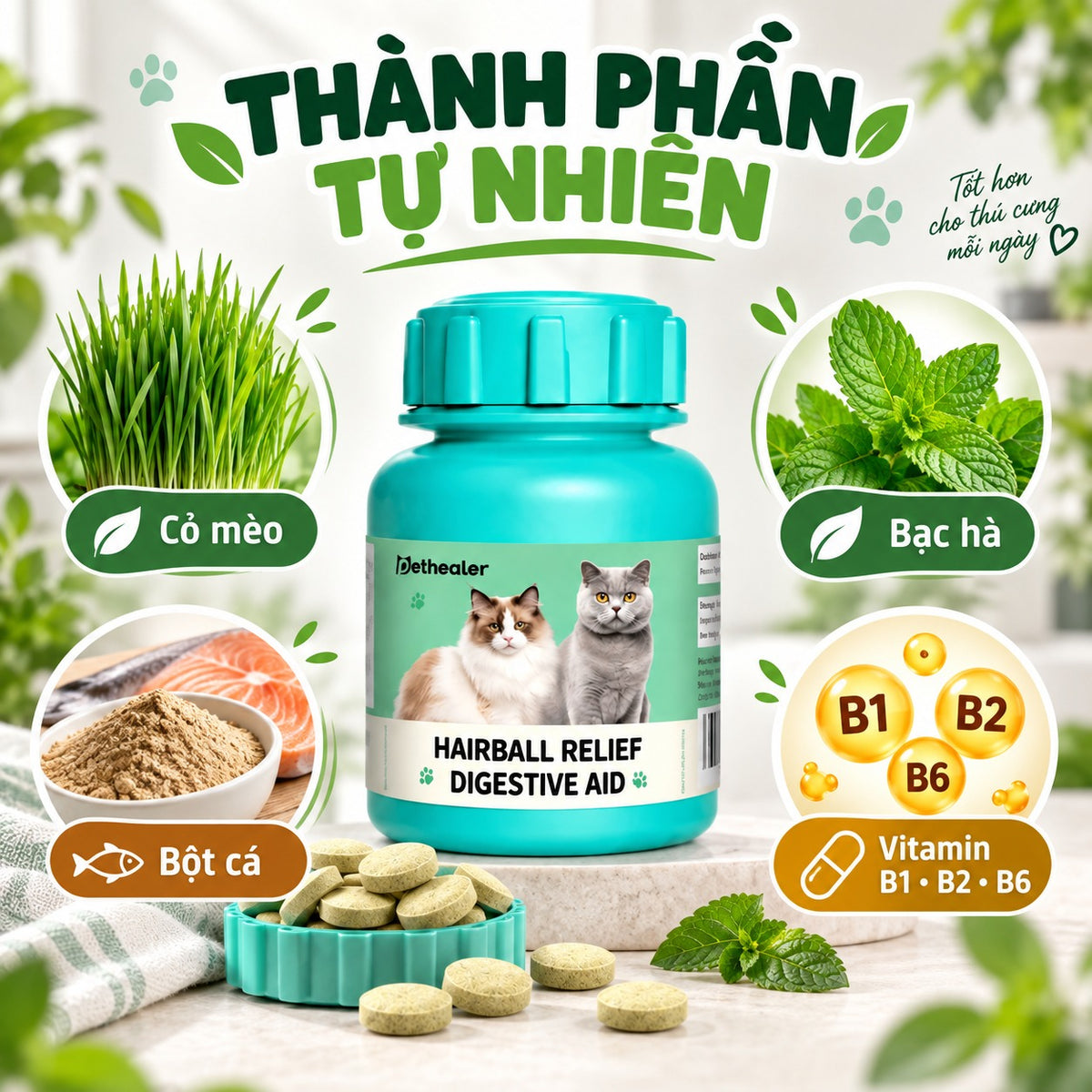 Viên đào thải lông cho mèo Pethealer với thành phần tự nhiên: cỏ mèo, bạc hà, bột cá, vitamin B1 B2 B6, bảng thành phần sản phẩm