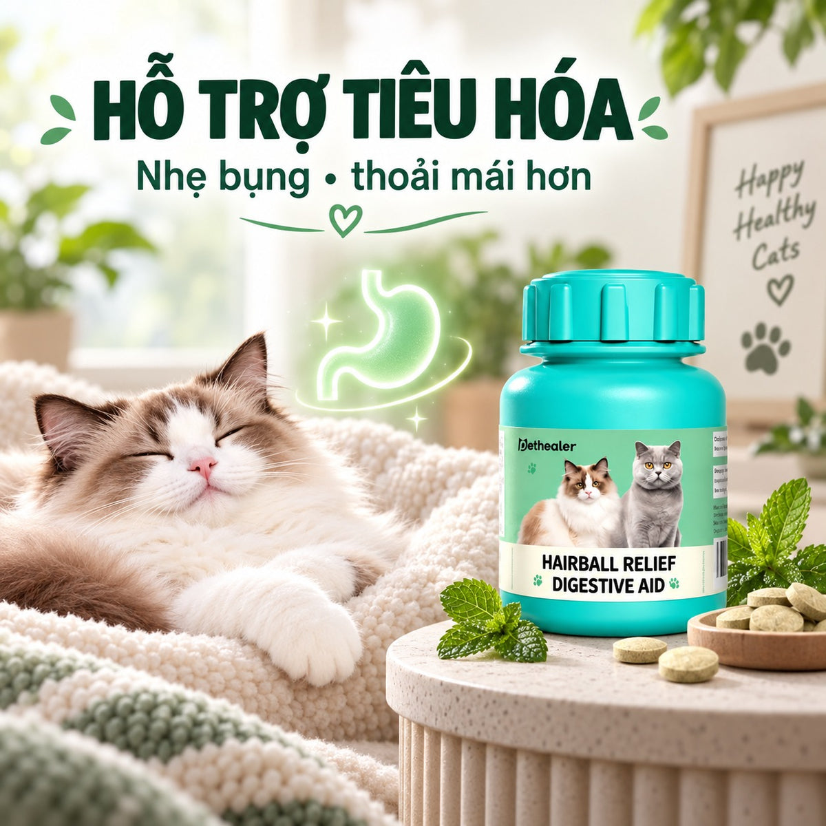 Viên đào thải lông cho mèo Pethealer hỗ trợ tiêu hóa, giúp bụng nhẹ nhàng, mèo cảm thấy thoải mái, hình ảnh mèo thư giãn