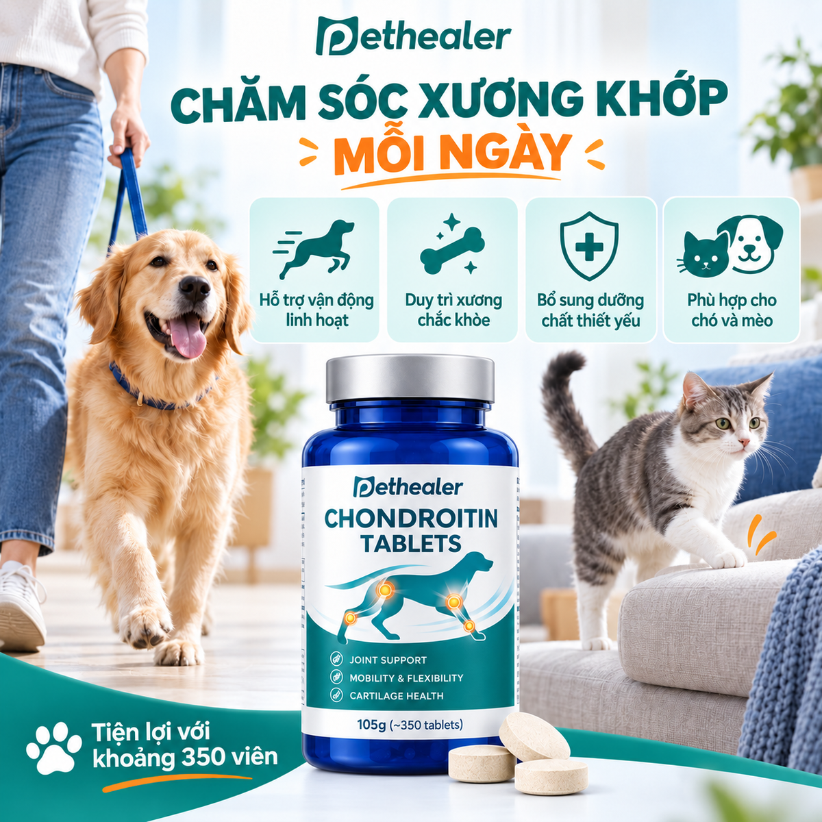 Viên Chondroitin Pethealer chăm sóc xương khớp hàng ngày cho chó mèo, hỗ trợ vận động linh hoạt, duy trì xương chắc khỏe, bổ sung dưỡng chất thiết yếu, khoảng 350 viên/lọ