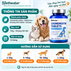 Thông tin sản phẩm viên Chondroitin Pethealer cho chó mèo: thành phần chính, quy cách 105g khoảng 350 viên, hạn sử dụng 12 tháng, hướng dẫn liều dùng theo cân nặng chó từ dưới 5kg đến trên 20kg