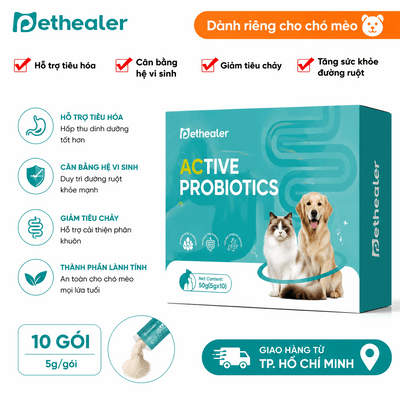 Bột men vi sinh Pethealer Active Probiotics dành cho chó mèo, hỗ trợ tiêu hóa, cân bằng hệ vi sinh, giảm tiêu chảy, tăng sức khỏe đường ruột; hộp 10 gói × 5g, giao hàng từ Hồ Chí Minh