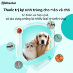 Banner thuốc trị ký sinh trùng cho mèo và chó Pethealer, an toàn và hiệu quả chống lại nhiều loại ký sinh trùng, hình ảnh chó vàng và mèo trắng trong khiên bảo vệ, các loại giun sán ký sinh trùng xung quanh