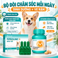 Banner bộ đôi chăm sóc hàng ngày cho chó Pethealer gồm Fiproline Spot‑On nhỏ gày trị ve rận và viên vitamin tổng hợp bổ sung dinh dưỡng, hình chó Corgi, hai sản phẩm chăm sóc chó