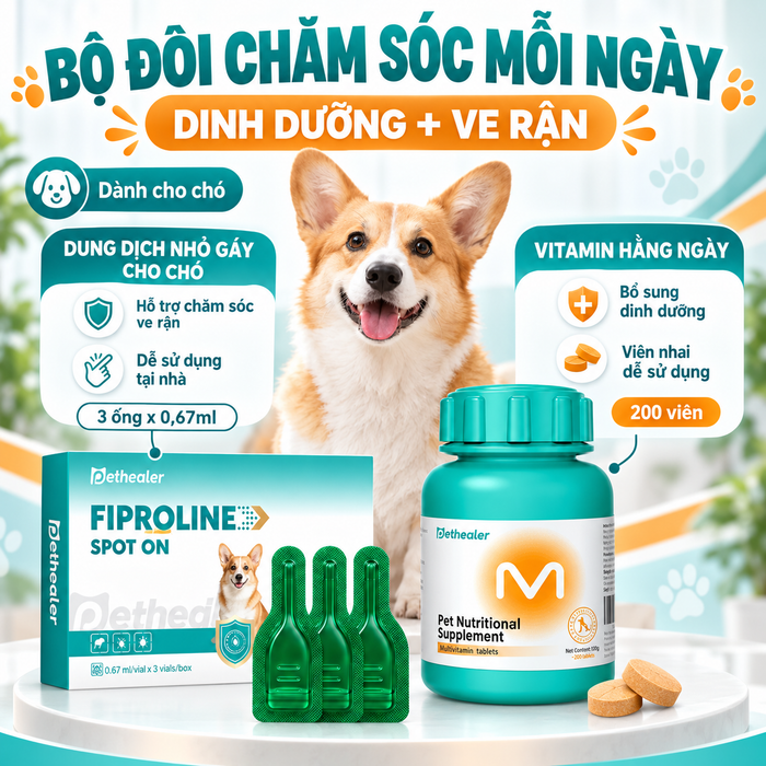 Banner bộ đôi chăm sóc hàng ngày cho chó Pethealer gồm Fiproline Spot‑On nhỏ gày trị ve rận và viên vitamin tổng hợp bổ sung dinh dưỡng, hình chó Corgi, hai sản phẩm chăm sóc chó