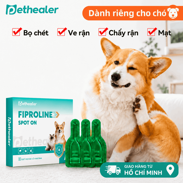 Thuốc nhỏ diệt ve chó Pethealer Fiproline Spot‑On dành cho chó, trị bọ chét, ve rận, chấy rận, mạt; hộp 3 ống, kho hàng Hồ Chí Minh giao nhanh