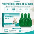 Pethealer Fiproline Spot‑On thuốc nhỏ ve chó thiết kế gọn gàng dễ sử dụng, 0.67ml/ống, 3 ống/hộp, dùng ngoài da dành cho chó; bộ sản phẩm gồm hộp 3 ống và tờ hướng dẫn sử dụng, phù hợp chăm sóc định kỳ tại nhà
