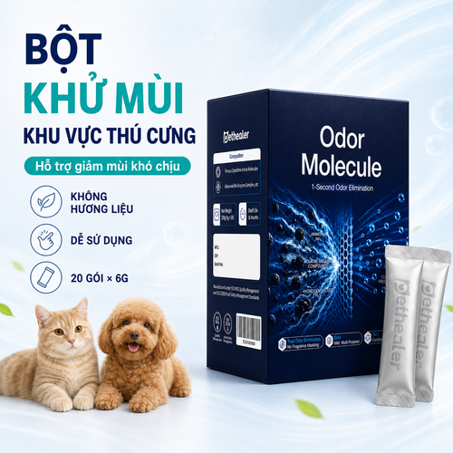 Banner bột khử mùi Odor Molecule Pethealer cho thú cưng, không hương liệu dễ sử dụng, hộp 20 gói x 6g, hình ảnh chó và mèo cùng bao bì sản phẩm